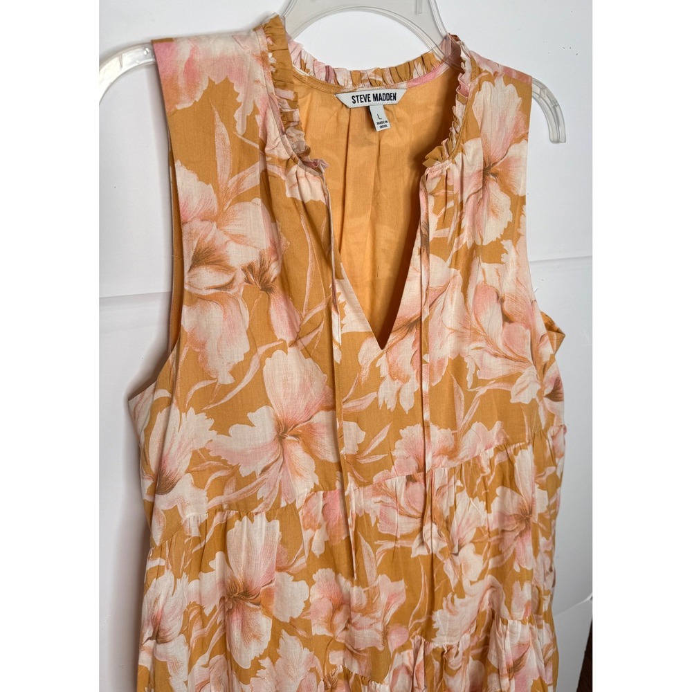 Steve Madden Cotton Babydoll Midi Dress Sz L Peachy Floral Tiered Cottage Beachy - Picture 5 of 8